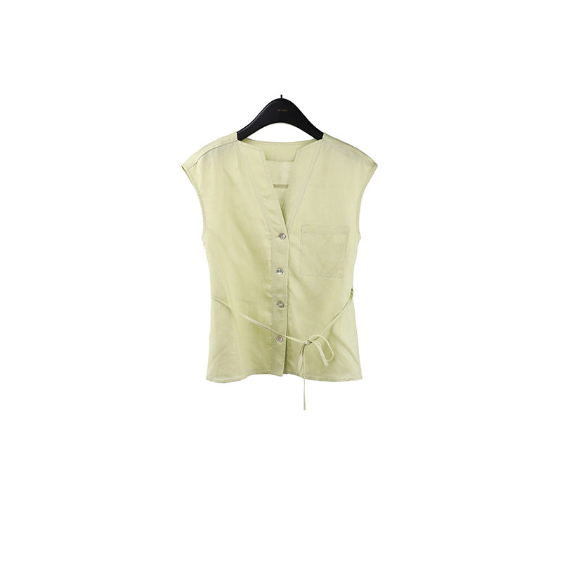 2025  Tencel linen lace-up sleeveless shirt women's 2025 summer new versatile cardigan top T5050X