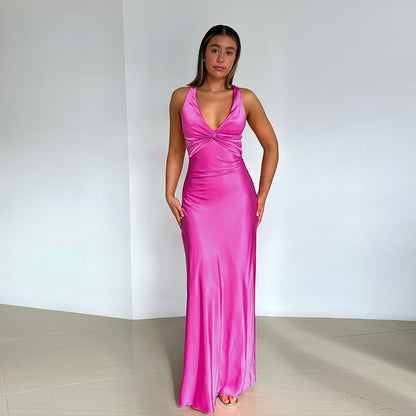 2025 New ins hot sales of new models, fashionable and sexy V-neck strap backless dress slim satin dress
