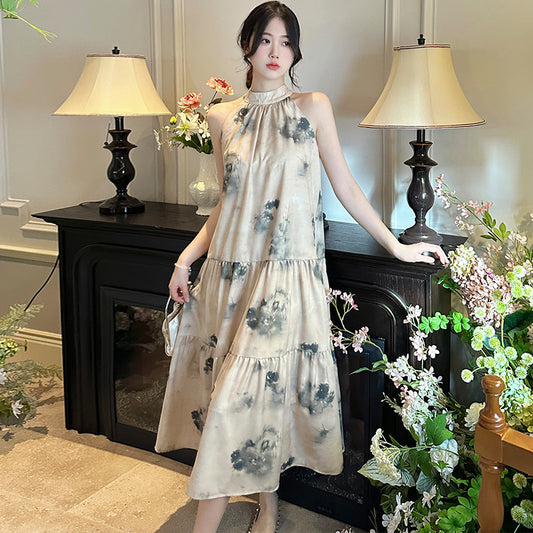 2025 Premium tie-dye neck dress women's summer new retro chic and thin sexy off-the-shoulder strap long skirt