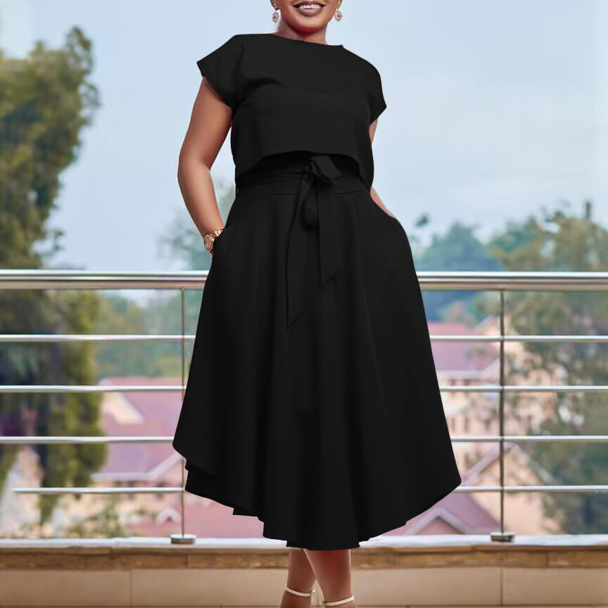 2025 D376 New large-size women's clothing, new temperament Tongle solid color top, large pendulum skirt, two-piece Popular trade suit