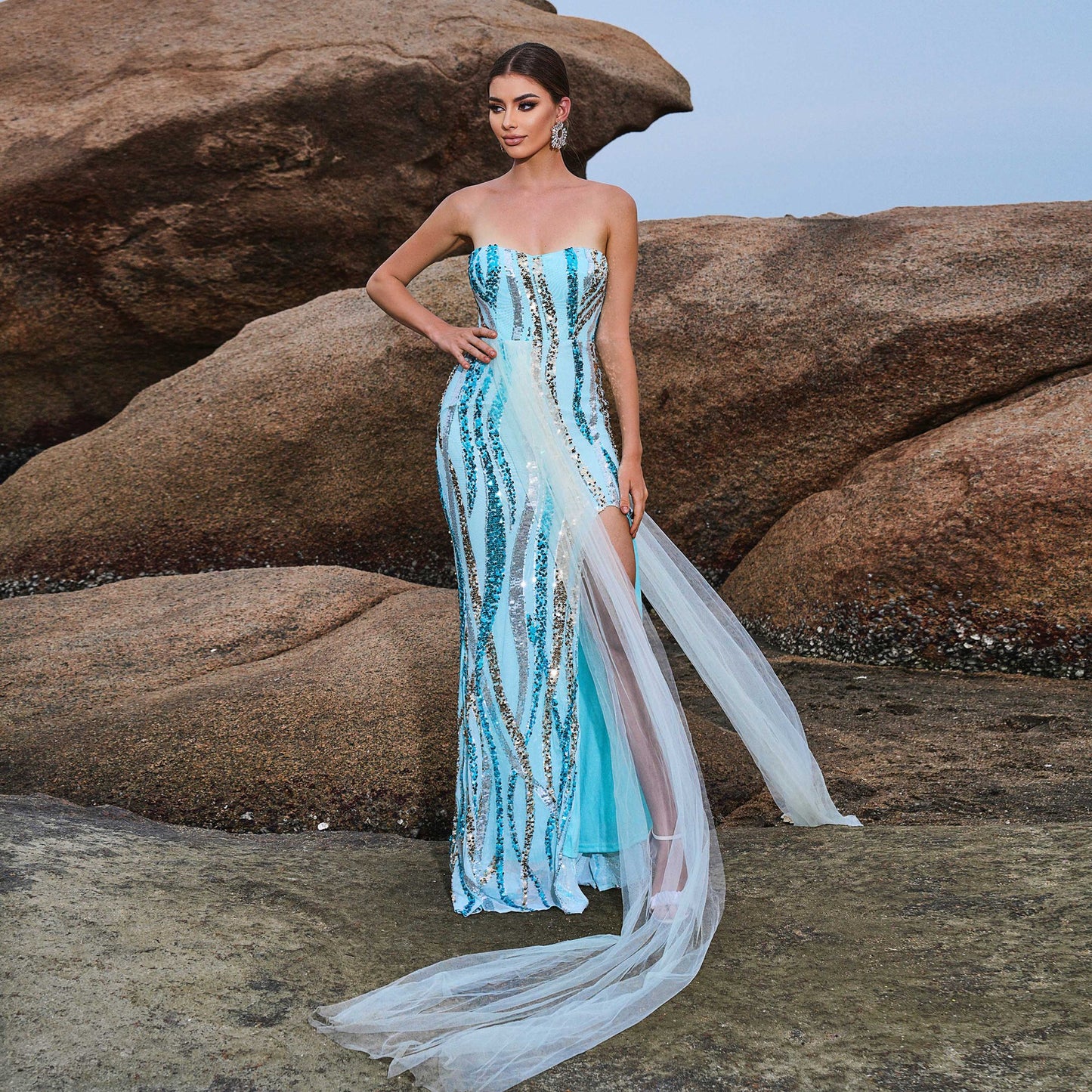 2025 temperament chest-wrapping collar sexy long sequined banquet streamer evening dress bridesmaid dress dress