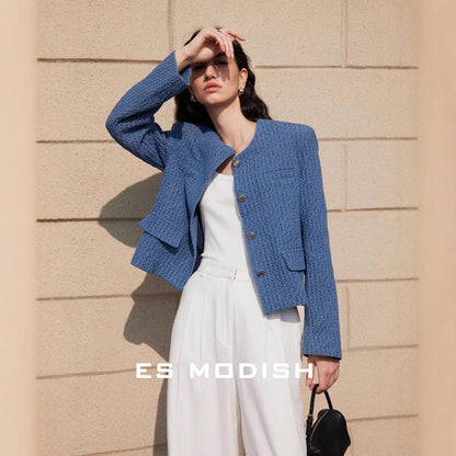 2025 ES MODISH spring new  blue small fragrant coat small people can wear celebrity temperament short coat