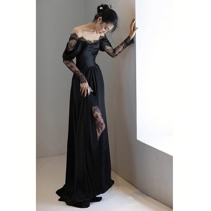 2025 simple satin travel photography light wedding dress long sleeve popular new bride shoulder small light dress trailing