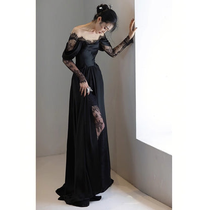 2025 simple satin travel photography light wedding dress long sleeve popular new bride shoulder small light dress trailing