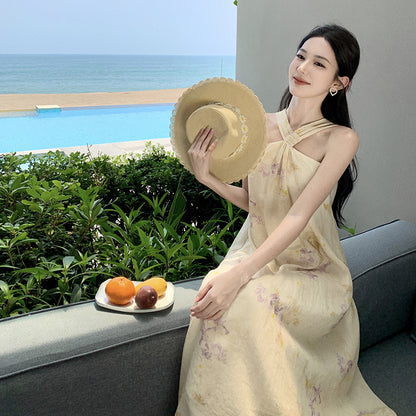 2025 holiday style print neck dress female summer fairy gentle seaside photo sleeveless beach long skirt