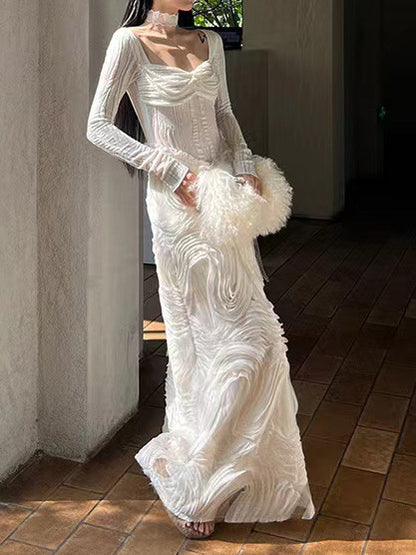 2025 24 Early spring new  romantic white texture splicing design generous neck knitted dress
