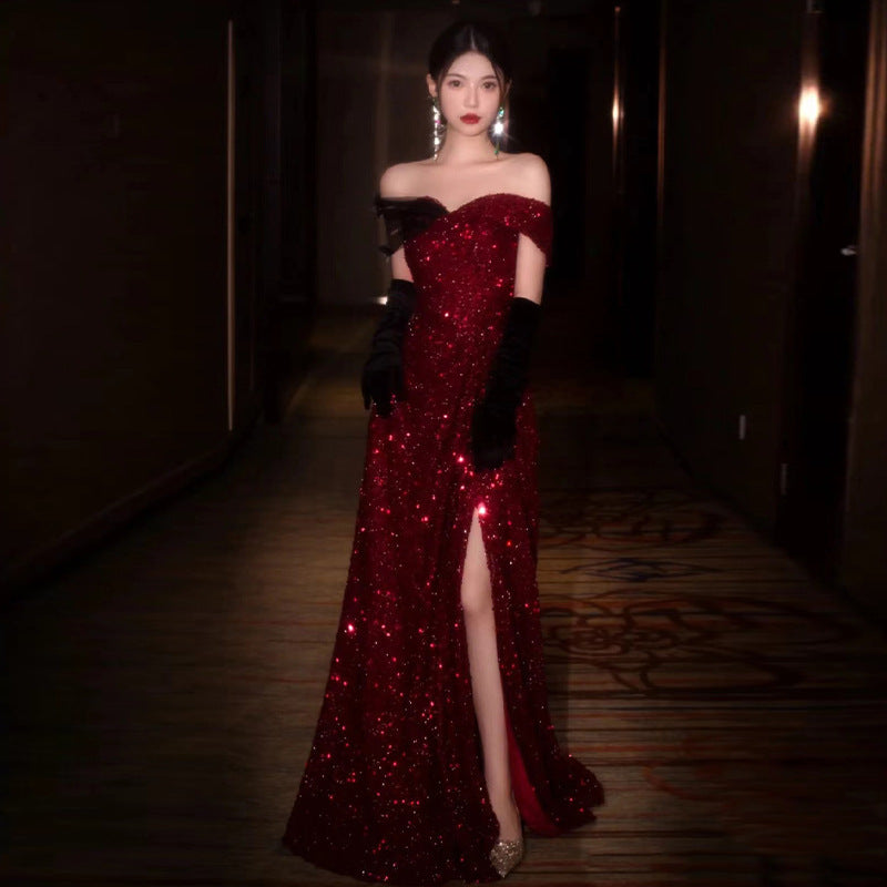 2025 Toast Bride Shoulder Red  Textured Engagement Dress Host Fish Tail Evening Dress Women's Spring