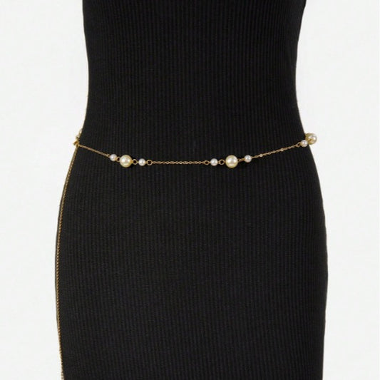 4637 New size pearl waist chain women's versatile decorative 2025 dress sweet metal waist chain body chain