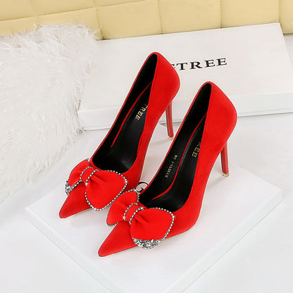 2025 9511-H31 Light luxury banquet high heels thin heel suede shallow mouth pointed rhinestone bow super high heel single shoes women