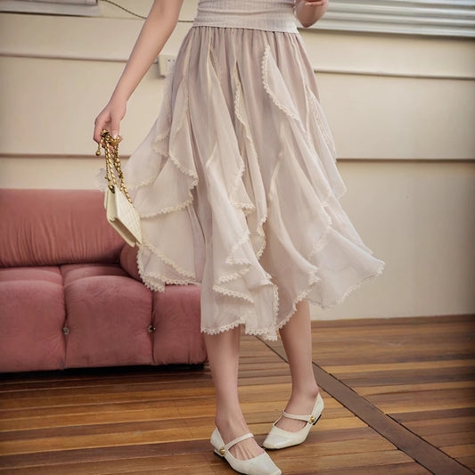 2025 Popularan high-end spring and summer new thin irregular ruffle edge splicing white lace skirt women's yarn skirt