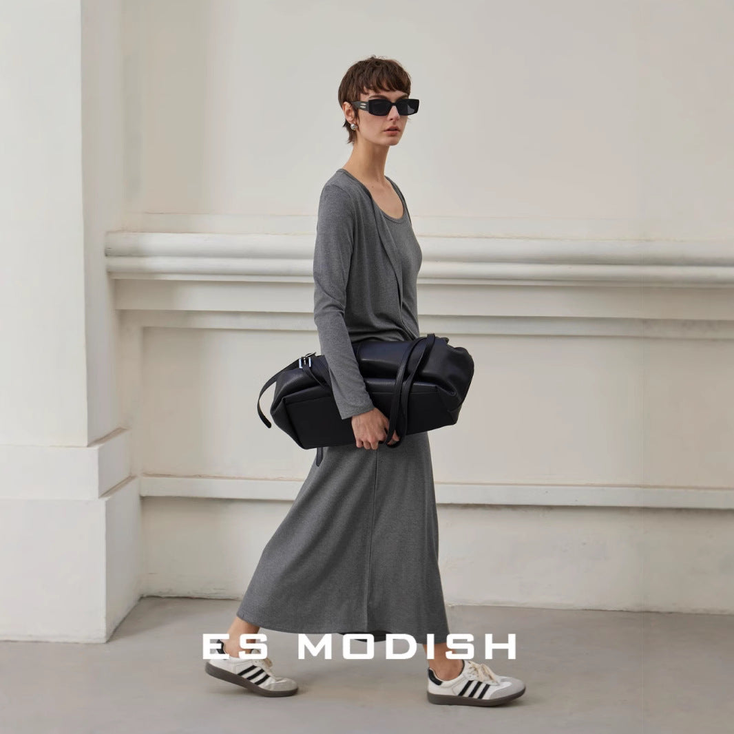 2025 ES MODISH spring new product exquisite solid color outer knitted shirt + tube top suspender dress set women