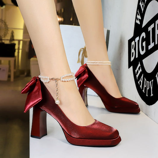 2025 9982-H78TP  Xiaoxiangfeng square head waterproof table high heels back bow pearl chain one-word belt single shoes