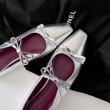 2025 Sheepskin version~ Small square head temperament bow light mouth single shoe inner height increase  word belt silver Mary Jane shoes