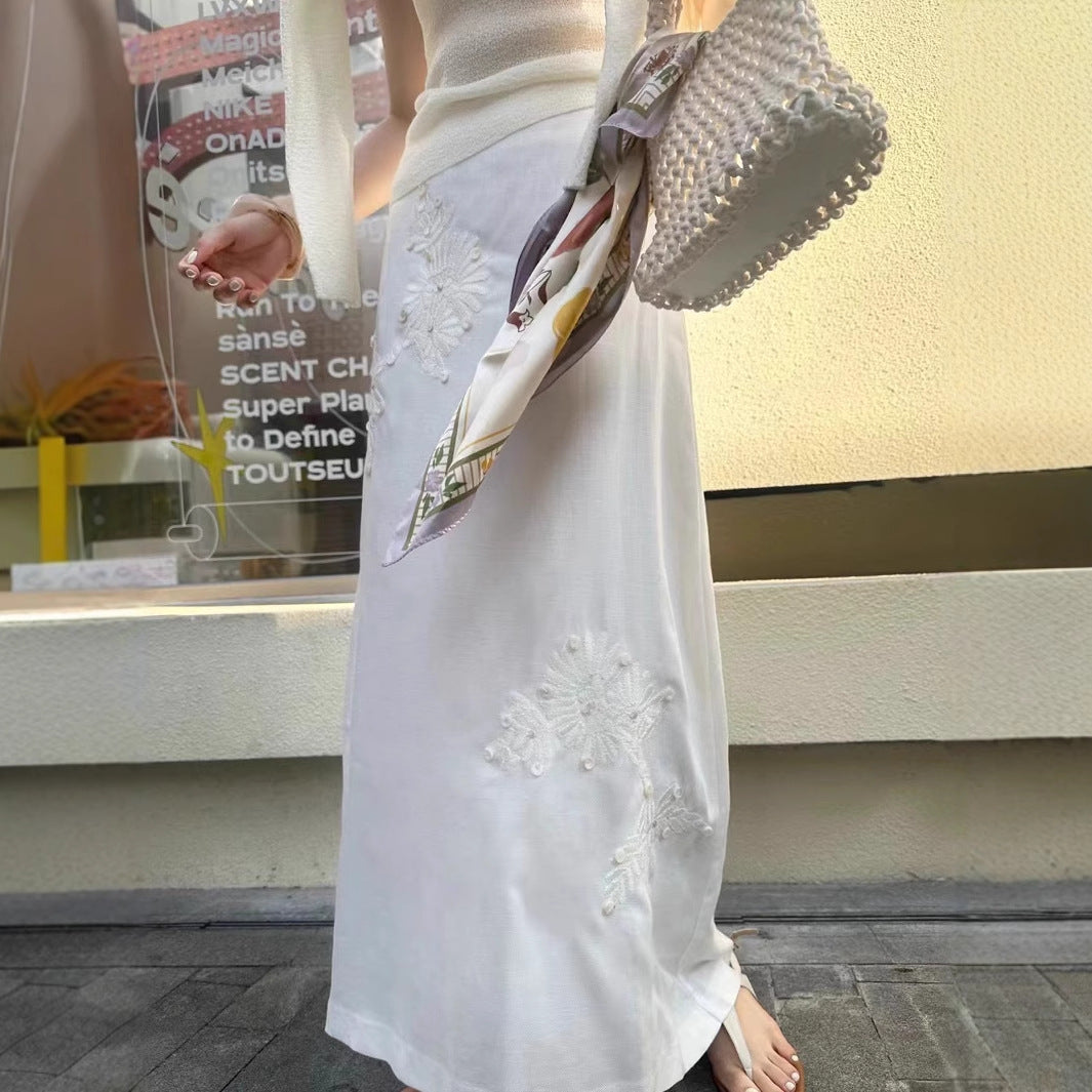 2025 25 spring and summer glossy silk and hemp heavy industry embroidery shell high waist zipper long white hip skirt straight skirt