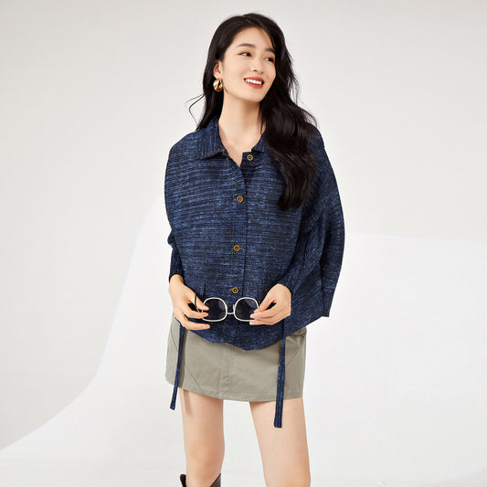 2025 Shenzhen Nanyou high-end women's denim jacket women's spring new loose versatile commuter pleated hot-selling wrinkled cardigan top
