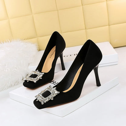 2025 7792-1K82  banquet high heels women's shoes super high heel shallow mouth square head suede metal rhinestone buckle single shoes