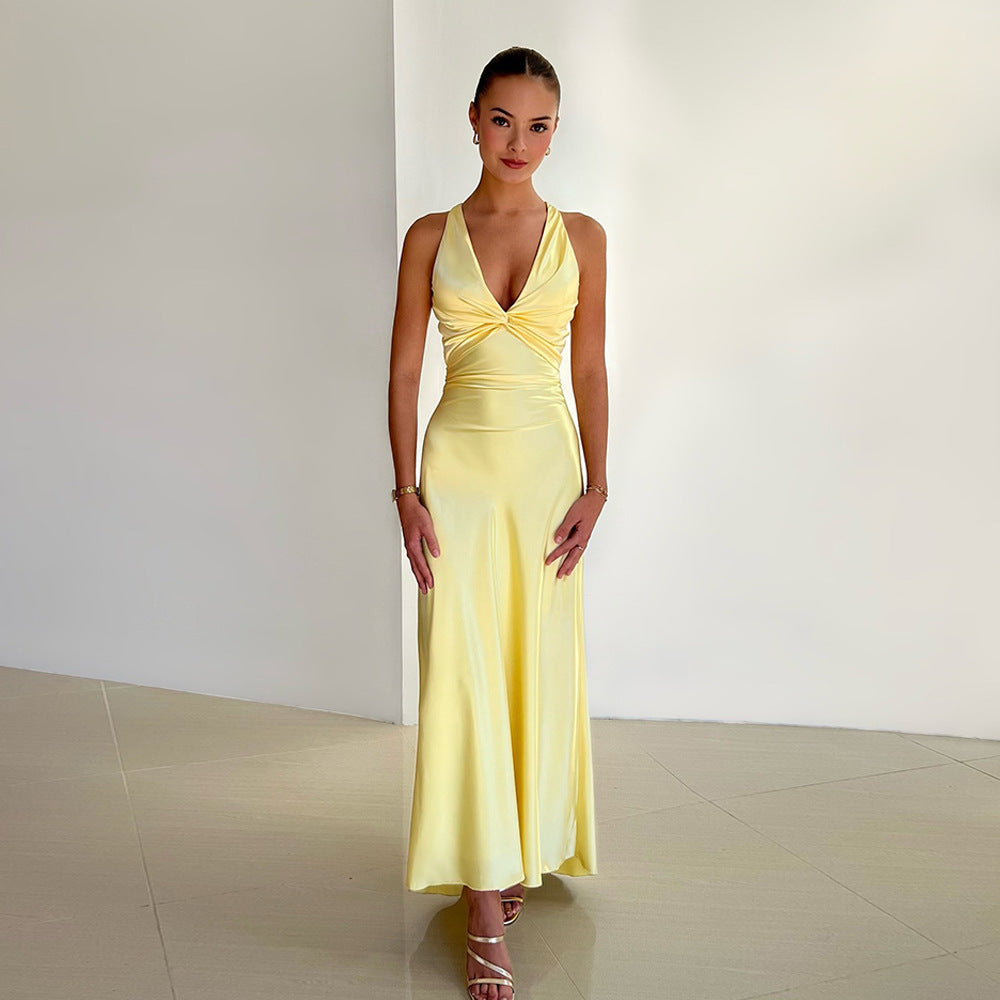 2025 New ins hot sales of new models, fashionable and sexy V-neck strap backless dress slim satin dress