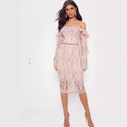 XAKXX 2025 popular  Celebrity Temperament Lotus Leaf Splicing Lace One-word Shoulder Buttocks Dress Off-the-Shoulder Evening Dress
