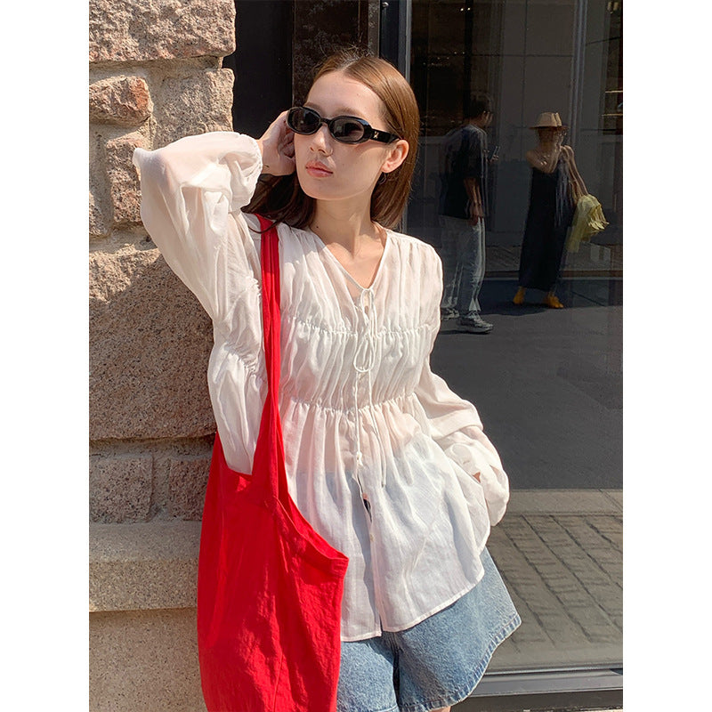 2025  Tencel linen pleated lace-up sunscreen shirt women's 2025 summer Korean light shirt T5032X