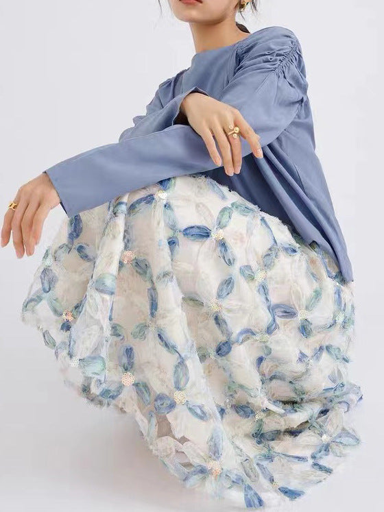 2025 2023 new spring atmosphere three-dimensional flower bead gauze skirt women's spring and autumn mesh skirt long skirt