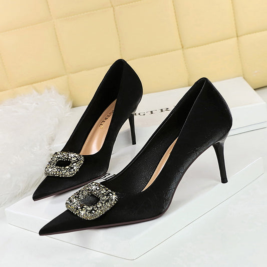2025 7239-AK83  fashion banquet women's shoes thin heel high heel shallow mouth pointed rhinestone metal buckle single shoes women