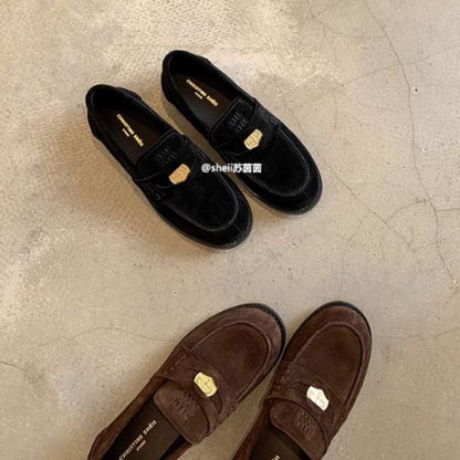 2025 Cowhide version~ Xingshengda shoes miu's small gold coins, genuine leather suede one-pedal loafers, women's small leather shoes autumn