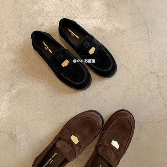2025 Cowhide version~ Xingshengda shoes miu's small gold coins, genuine leather suede one-pedal loafers, women's small leather shoes autumn