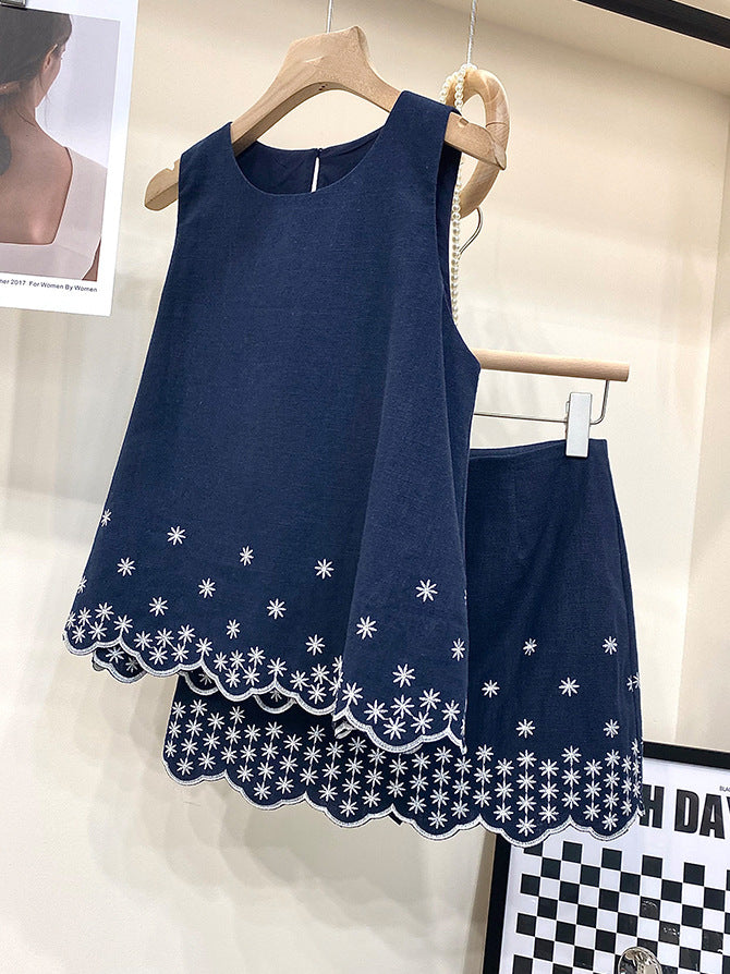 2025 Popularan station embroidery small daisy sleeveless top ramie skirt fashion suit women's summer wear a complete set of skirts