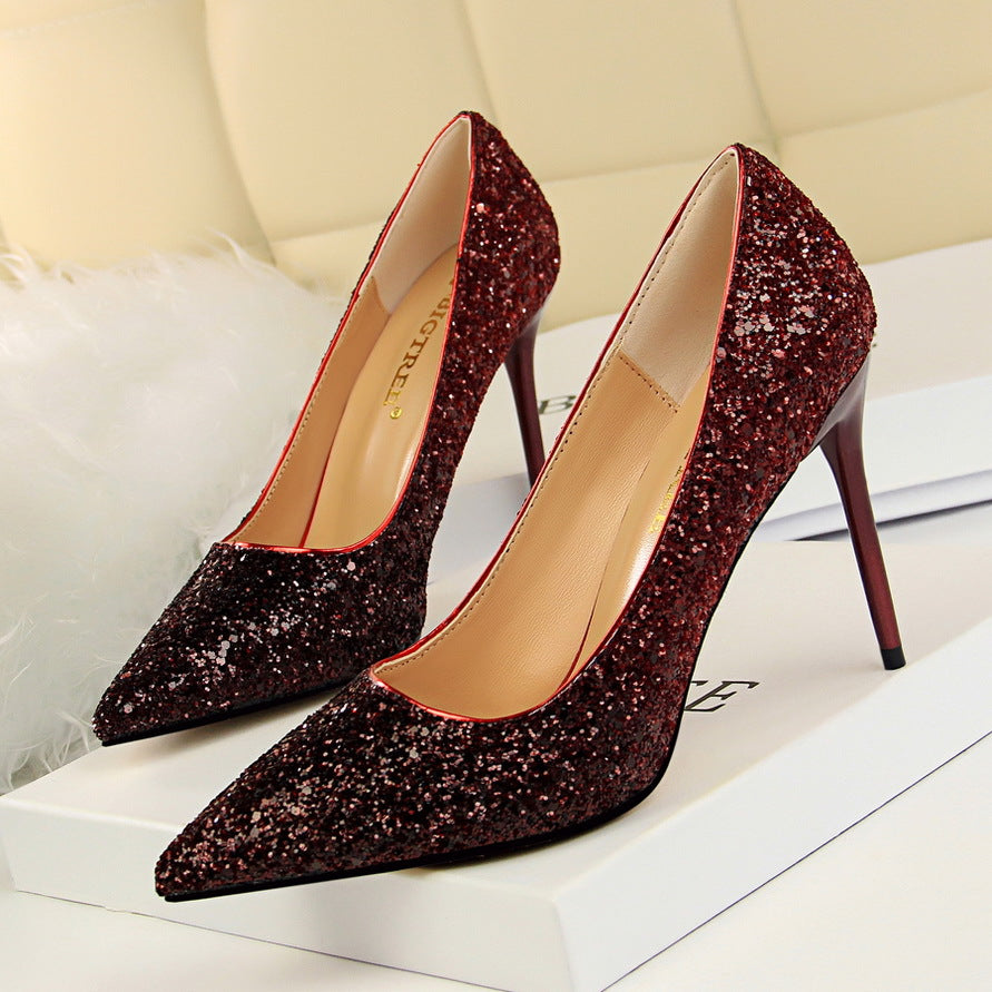 2025 9219-10  style women's shoes high heels light mouth pointed head sexy and thin nightclub color gradual change sequined single shoes