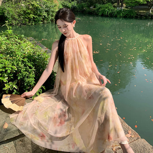 2025 New Chinese neck mesh dress women's summer loose pendulum printing seaside vacation suspender skirt beach dress