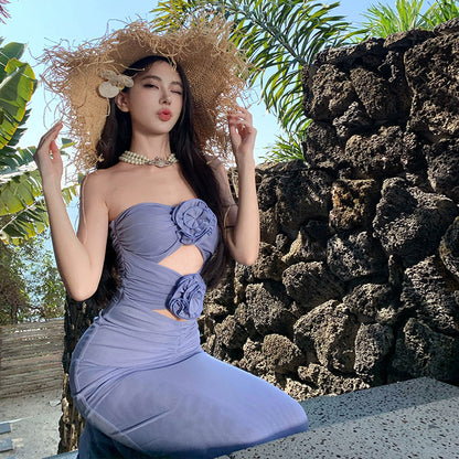 2025 Summer seaside vacation three-dimensional flower yarn lavender purple tube top waist thin hip wrap dress dress long dress