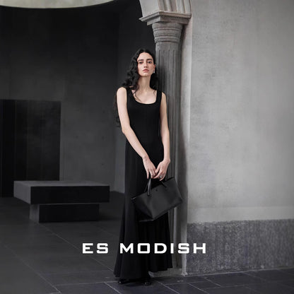 2025 ES MODISH Spring New Sexy Square Neck Slim Hip Wrap Fish Tail Suspender Dress Celebrity Style Long Dress Women