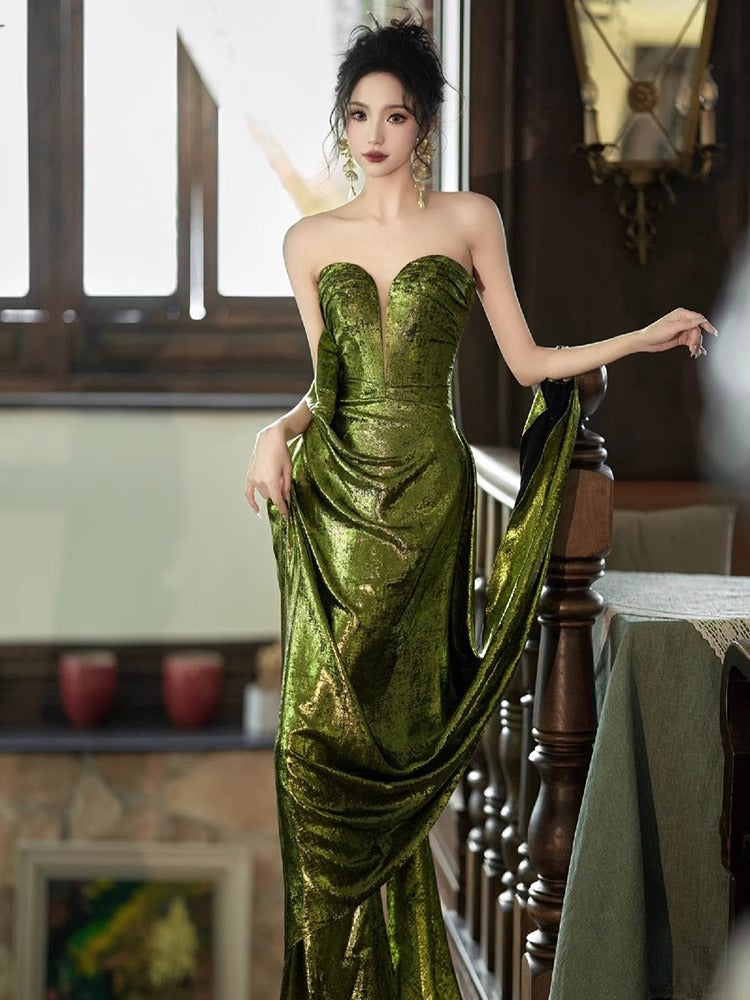2025 Green tube top morning gown fishtail sequined toast bride wedding engagement sexy halter evening dress birthday party