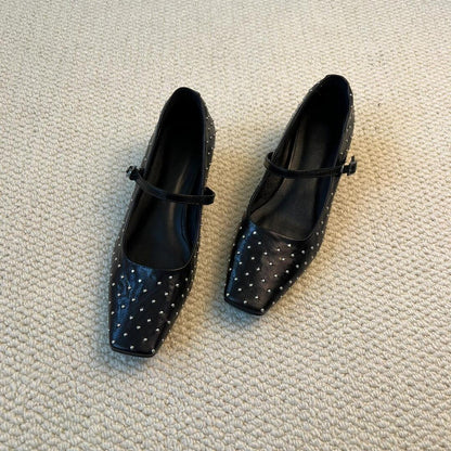 2025 Sheepskin version~ New rivet square head personalized small leather shoes women's one-word buckle low-heeled leather shallow mouth Mary Jane single shoes