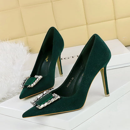 2025 516-K73  Spring and Autumn Banquet High Heel Shoes Thin Heel Suede Shallow Mouth Pointed Metal Rhinestone Buckle Single Shoes Women's Shoes