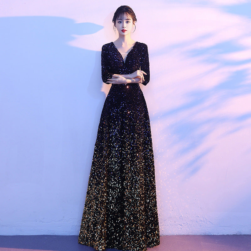 2025 Big choir costumes Women's long skirts Skinny singing conductor Host evening dress sequins Long performance costumes