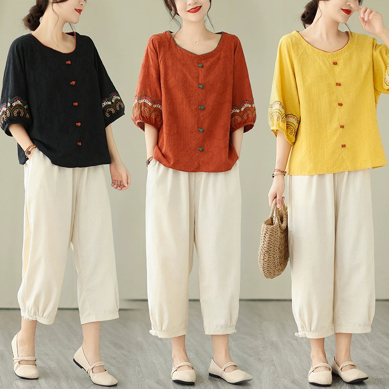 Young mother fashion suit jacquard loose literary button top ramie nine-point Harlan pants casual two-piece set