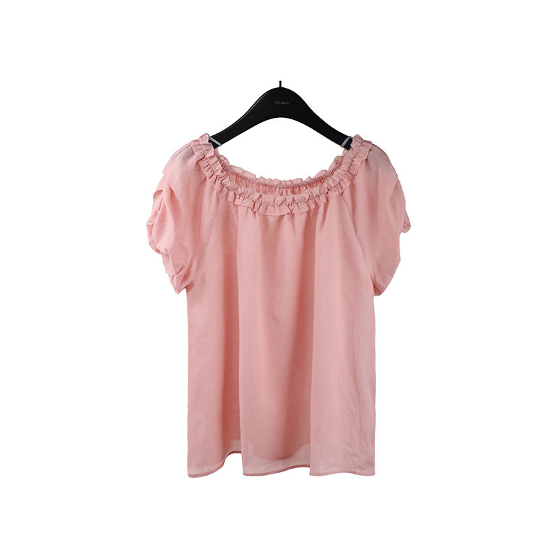 2025  Ramie Tencel Shoulder Short Sleeve Shirt 2025 Summer New Off-Shoulder Age Reduction Shirt Women's T5060X