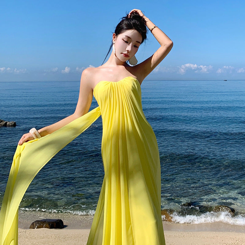 2025 Evening dress elegant temperament long dress new elegant chiffon annual meeting birthday tube top dress banquet bridesmaid skirt
