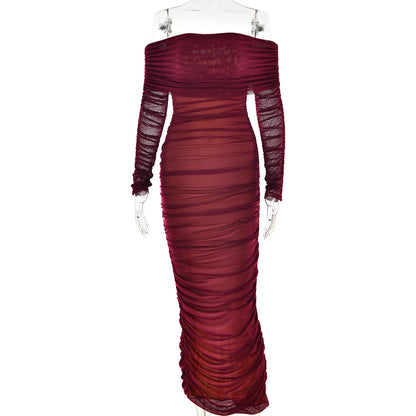 2025 New new mesh one-word shoulder pleated dress Popularan beautiful woman decoration body long-sleeved hip-wrapped dress