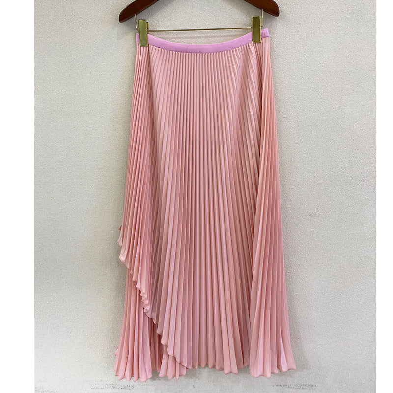 2025 hot-selling skirt medium and long spring and summer new irregular high-end temperament high-waisted pleated skirt long skirt a word