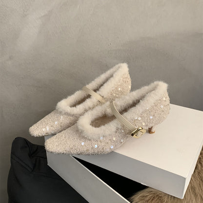 2025 fairy stiletto high heels 2023 Korean version of gentle temperament fluffy shoes women wear women's Mary Jane shoes