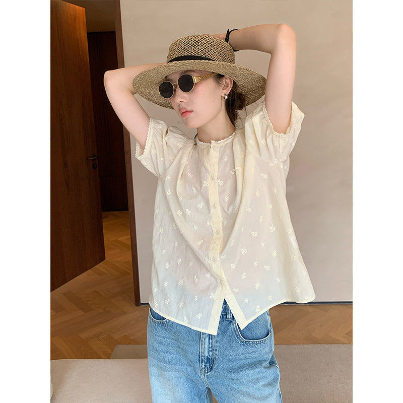 2025 [Guangzhou Six Meters] Lace Crew Neck Short Sleeve Shirt Women's 2025 Summer Daily Commuter Versatile Shirt 009AX