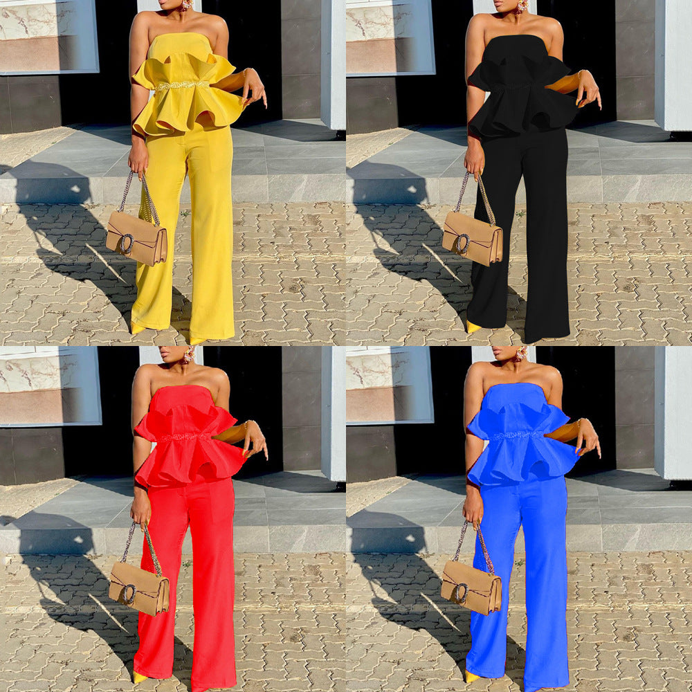 Y9292 2025 New new 2025 solid color tube top elegant wide-leg pants ruffle edge personality and comfort