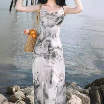 2025 Spot new Chinese ink painting swing collar sling backless dress floating rope and knitted sunscreen shawl super fairy set