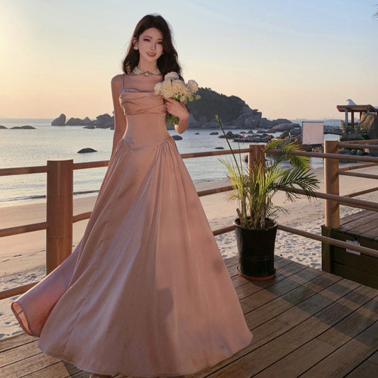 2025 gentle princess dress dress, a-word large skirt, super good-looking high-end temperament waist seaside vacation dress