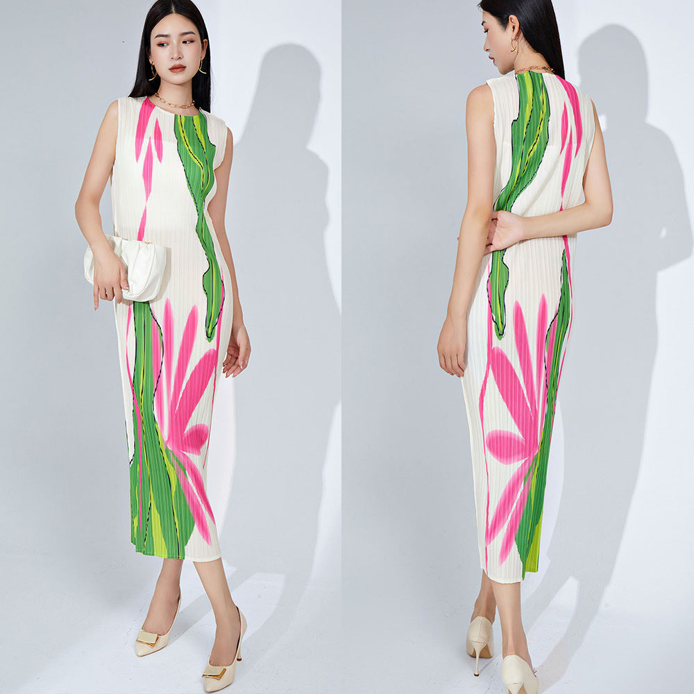 2025 Fashion high-end pleated skirt summer women's new long sleeveless printed straight versatile retro dress