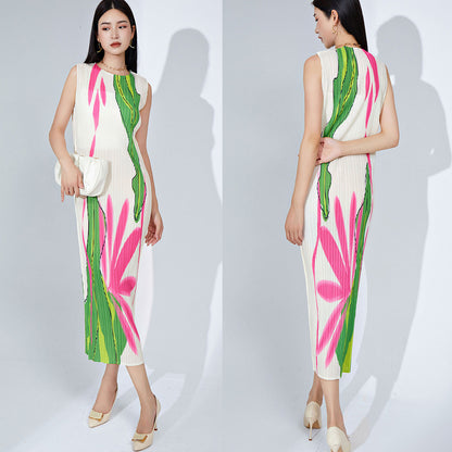 2025 Fashion high-end pleated skirt summer women's new long sleeveless printed straight versatile retro dress