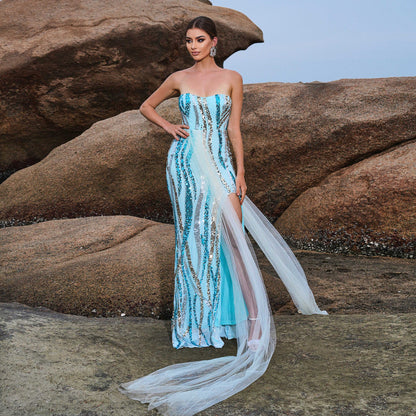 2025 temperament chest-wrapping collar sexy long sequined banquet streamer evening dress bridesmaid dress dress