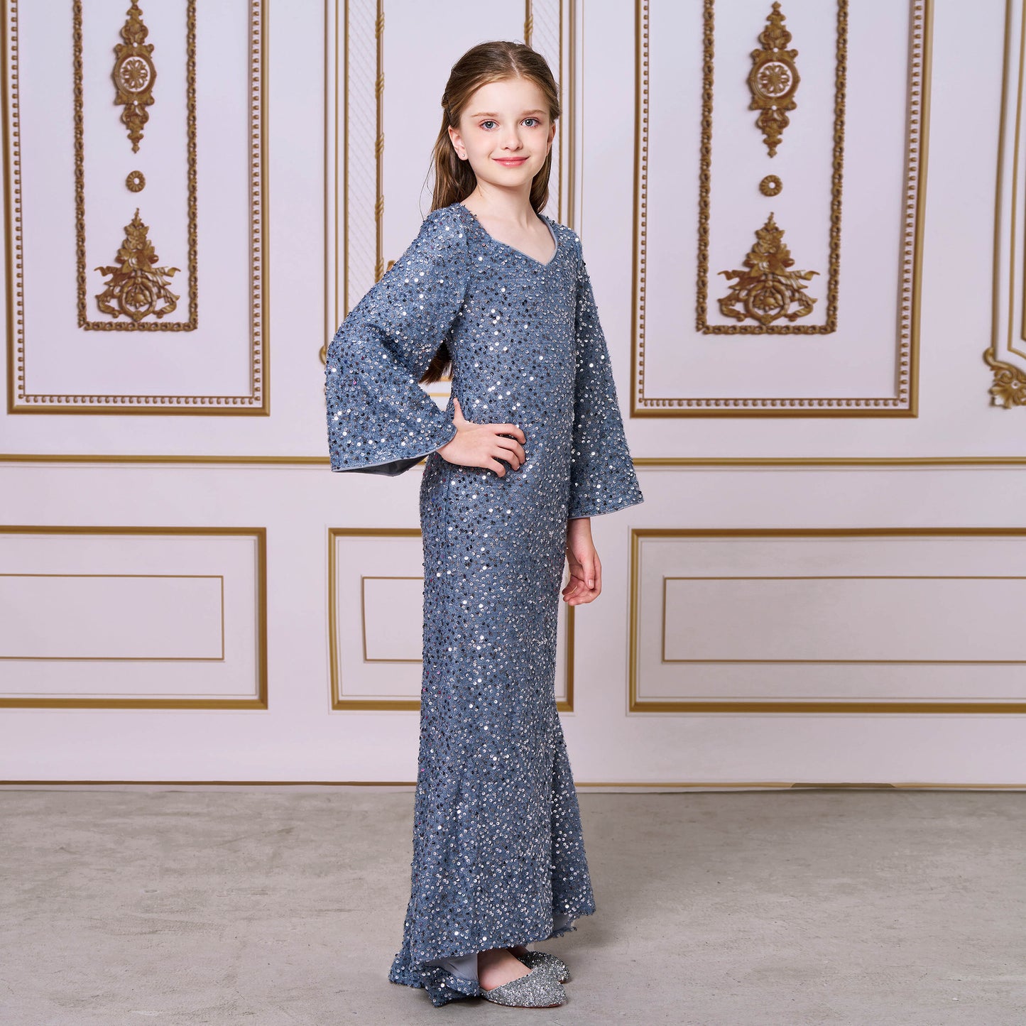 2025 catwalk princess dress model children's evening dress girls host fishtail niche sequined performance suit